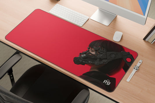 Cyberpunk Girl Futuristic Red Background - XXL and XXXXL Mouse Pad - PixelGears