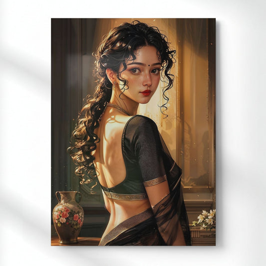 Beautiful Indian Woman Illustration Metal Poster | Aesthetic Pop Art Wall Decor & Painting