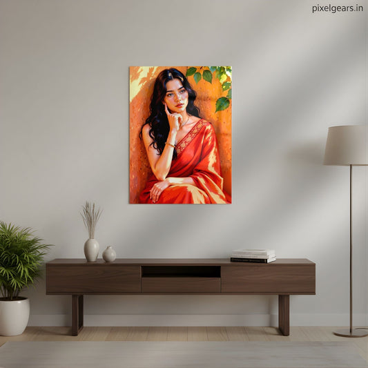 Elegant Woman in Saree Metal Poster | Ethnic Art Wall Decor