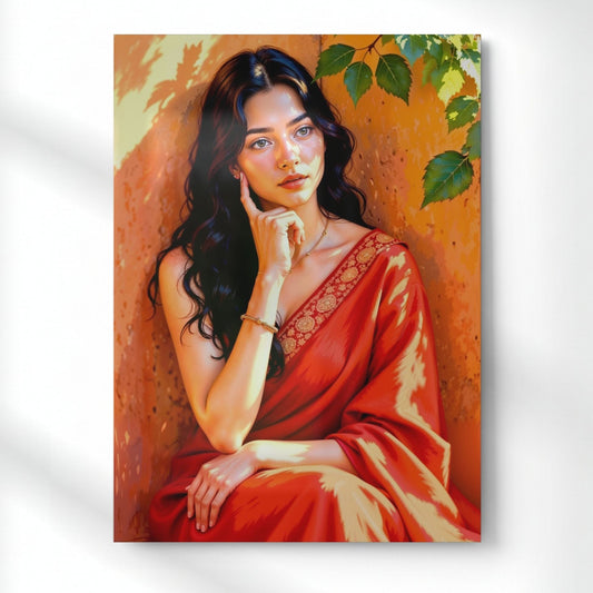 Elegant Woman in Saree Metal Poster | Ethnic Art Wall Decor