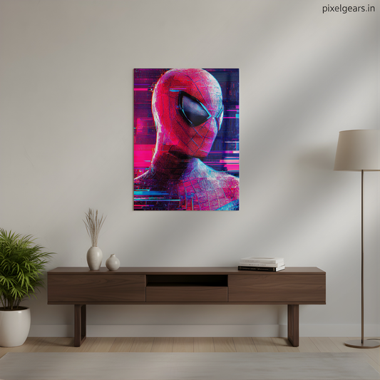 Glitched Red Spiderman Metal Poster | Aesthetic Pop Art Wall Decor & Painting