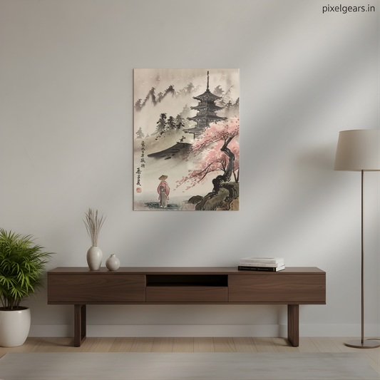Japanese Mountain Pagoda Metal Poster | Aesthetic Pop Art Wall Decor & Painting