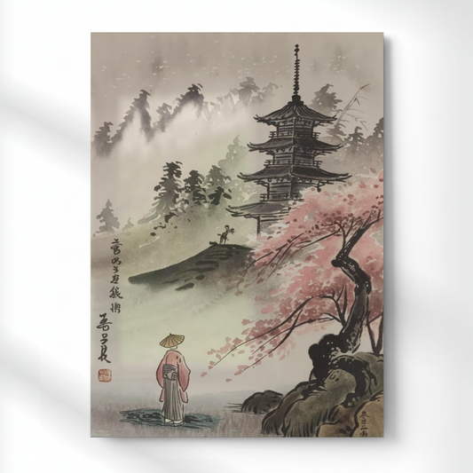 Japanese Mountain Pagoda Metal Poster | Aesthetic Pop Art Wall Decor & Painting