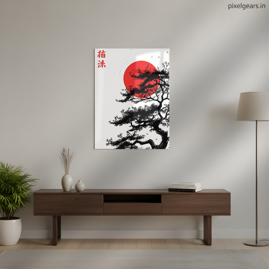 Japanese Red Sun & Bonsai Silhouette Metal Poster | Aesthetic Pop Art Wall Decor & Painting