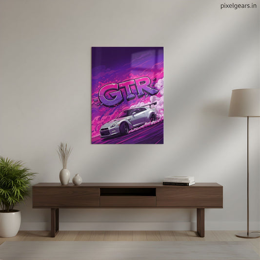 Nissan GTR Drift Art Metal Poster | Neon Pop Art Car Wall Decor