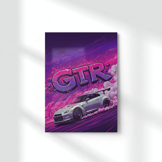 Nissan GTR Drift Art Metal Poster | Neon Pop Art Car Wall Decor