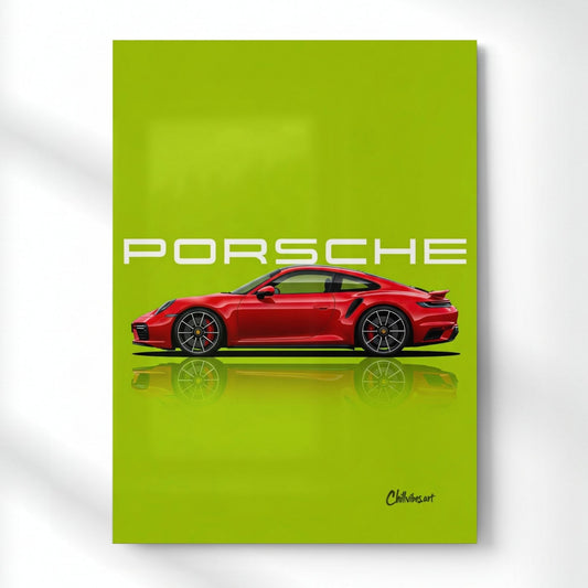 Porsche: The Red Reflection Metal Poster | Aesthetic Pop Art Wall Decor & Painting