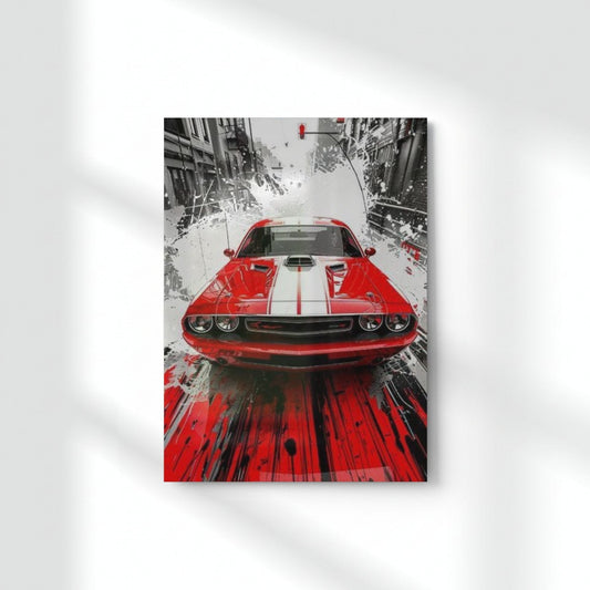 Red Dodge Challenger Splash Art Metal Poster | Aesthetic Pop Art Wall Decor & Painting