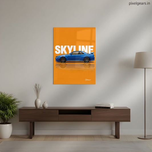 Skyline R34: Blue on Orange Metal Poster | Aesthetic Pop Art Wall Decor & Painting