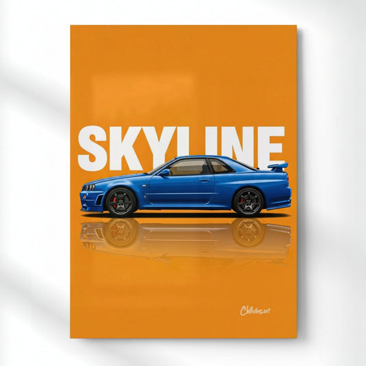 Skyline R34: Blue on Orange Metal Poster | Aesthetic Pop Art Wall Decor & Painting