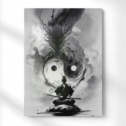 Yin Yang Samurai Illustration Metal Poster | Aesthetic Pop Art Wall Decor & Painting